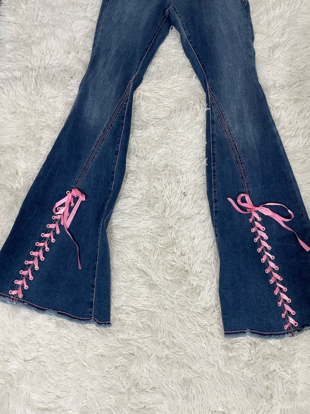 SUGAR THRILLZ Amazed Babe Corset Tie Low Rise Flare Jeans Blue Pink Size XXS - Picture 5 of 9